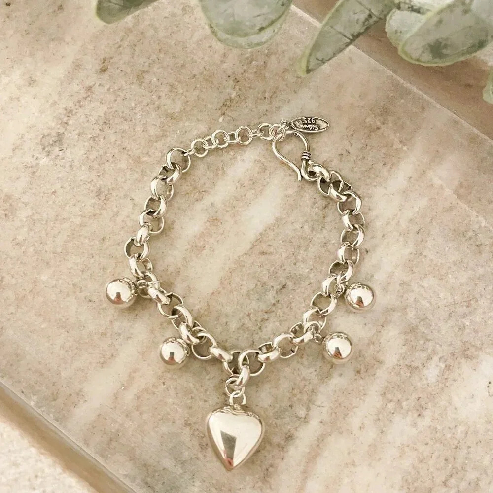 925 Sterling Silver Chunky Bead Ball Bracelet Silver Modern Heart Bracelet